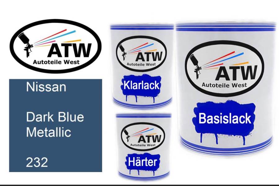 Nissan, Dark Blue Metallic, 232: 1L Lackdose + 1L Klarlack + 500ml Härter - Set, von ATW Autoteile West.
